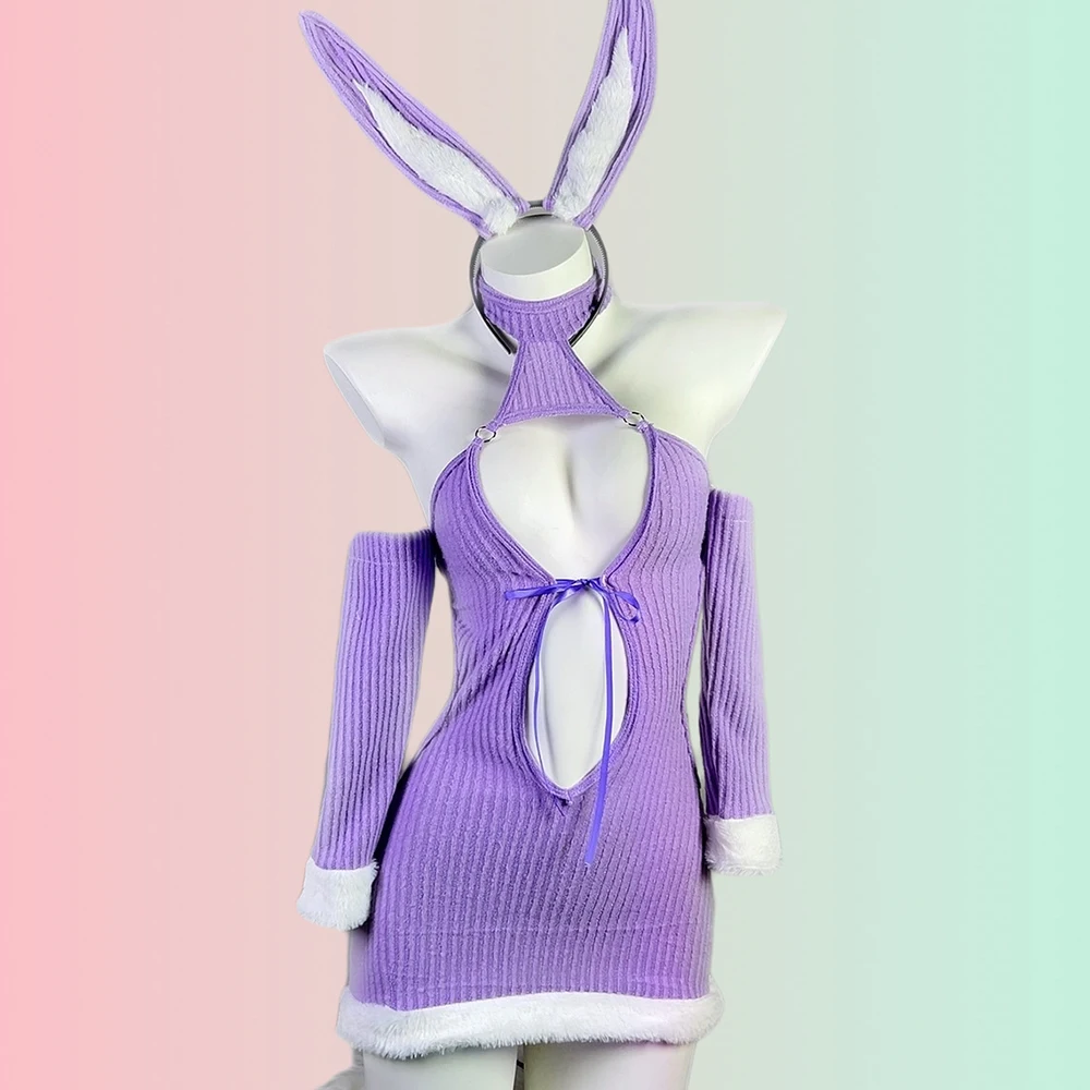 

Anime Bunny Girl Cosplay Costume Sexy Hollow Out Purple Plush Skirt Outfits Rabbit Role Play Lingerie Christmas Gift