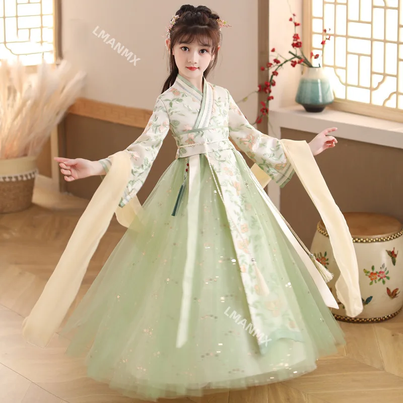 2023 New Girls Chinese Ancient Traditional Hanfu Dress Set Baby Kids Perform Costume Fairy Party Evening Brithday Hanfu Cosplay