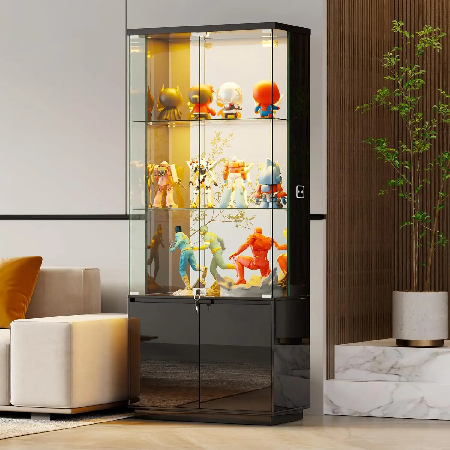 

71'' Display Cabinet with Glass Doors&3 Color Lights&Lockable,High Gloss Curio Cabinet with Adjustable Glass Shelf