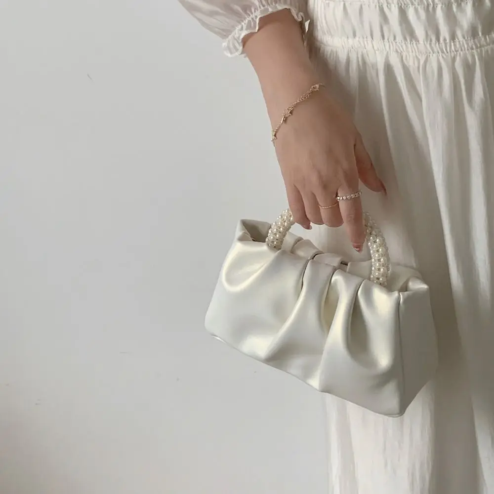 Bolso de mano de princesa de PU para mujer, bolso de mano de estilo coreano, bolso cruzado con asa de perlas, monederos pequeños, bolso de nube plegable