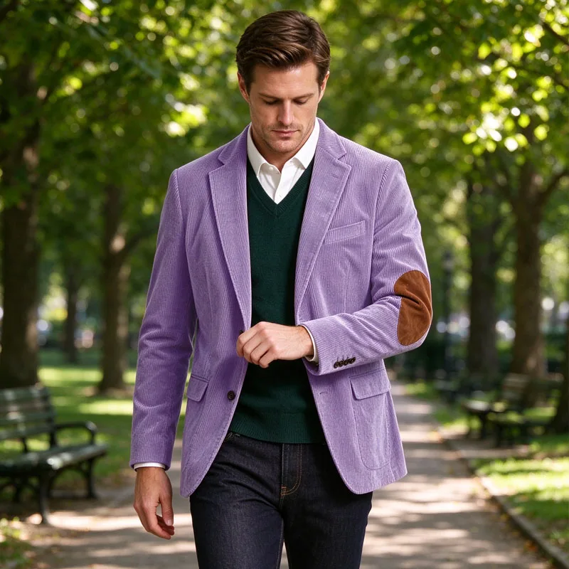 Vintage Men Corduroy Blazer Suede Elbow Patches Notched Lapel 2 Button Casual Business Suit Jacket Male Autumn Winter Daily Wear