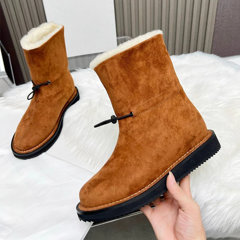 

New Round Toe Drawstring Design Wool Lining Short Boots Women's Cow Suede Thick Bottom Snow Boots Winter Keep Warm Modern Botas