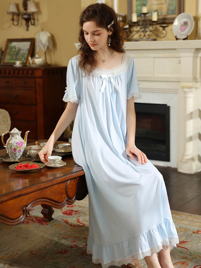 Women Victorian Nightgowns Cotton Sleeping Night Dress Short Sleeve Summer French Vintage Princess Lace Sweet Home Sleepwear