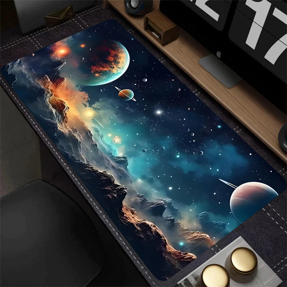 Weltraum-Gaming-Mauspad, großes Mauspad mit genähten Kanten, XXL-Tastaturpad, Gaming-Bürocomputer-Desktop-Zubehör