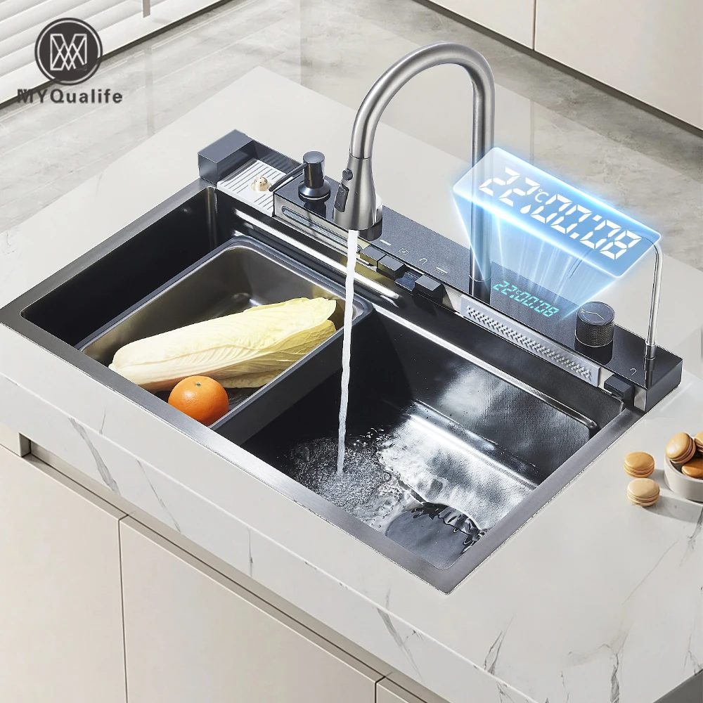 304 شلال من الفولاذ المقاوم للصدأ بالوعة المطبخ فتحة واحدة كبيرة متكاملة شاشة ديجيتال صنبور مجموعة موزع الصابون كأس غسالة
