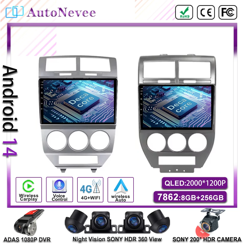 Android 14 Car For Dodge Caliber  Jeep Compass 1 MK Patriot 2006-2010 Multimedia Player Navigation Stereo GPS No 2Din DVD