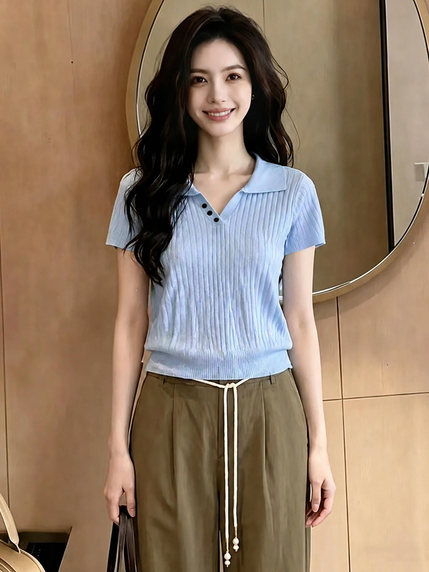 

Summer 2026 Soft Skin-friendly Korean Style Short Sleeve Knitted Top Women's Fashionable Pure Color Age-defying Pullover Shirt