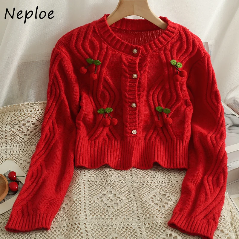 Neploe O Neck Solid Color Long Sleeve Cardigan 2024 Korean Chic All-match Femme Sweater Stereo Cherry Single-breasted Coat Y2K