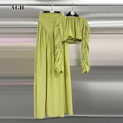 VGH Solid Pleated Women's 2 Piece Sets O Neck Long Sleeve Top High Waist Irregular Spliced Lace Up Skirts Runway Suit Female New