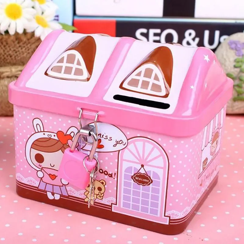 Child Piggy Banks Key Lock Money Box Creative Children Christmas Gift Metal House Shape Piggy Bank Coin Safe Storage Box