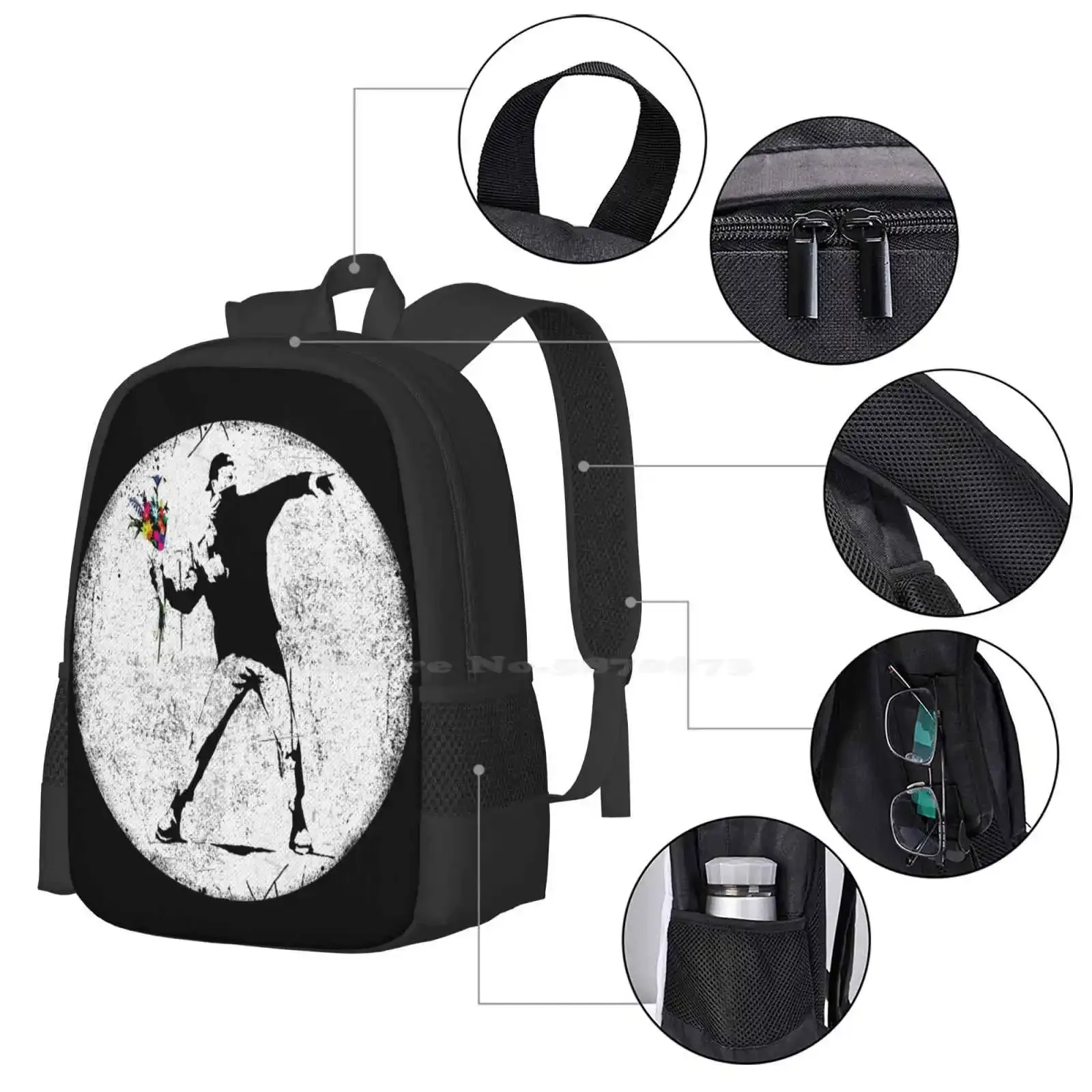 بانكسي بروتيستر رمي الزهور رائجة البيع حقيبة مدرسية على ظهره حقائب الموضة شارع الفن الكتابة على الجدران بانكسي رمي الزهور مضحك