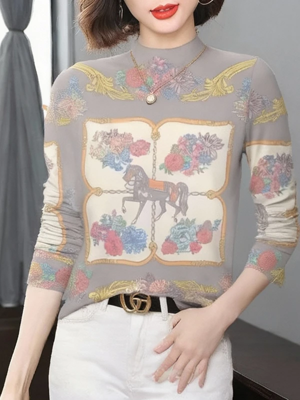 

Warm Fleece Lined Thickened Long Sleeve Printed T-Shirt for Middle-Aged Women Mommy Style Anti-Aging Belly Covering Fashionab...