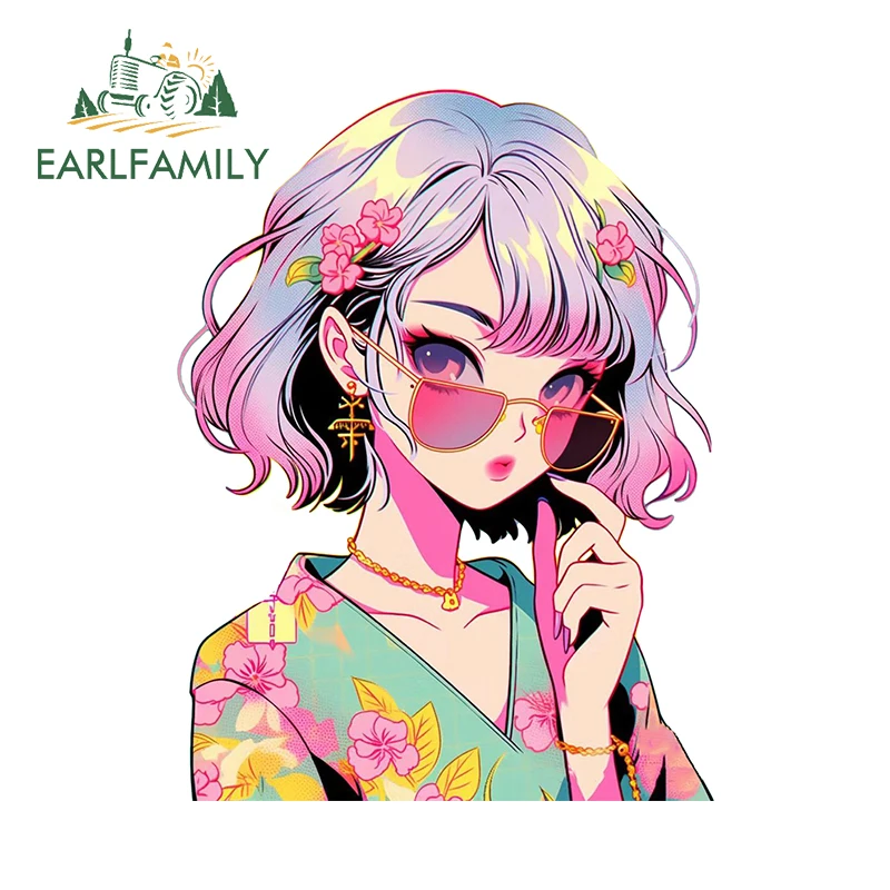 EARLFAMILY 13cm x 9.8cm Fine Japanese Sunglasses Girl Peek Car Stickers Beautiful Gold Jewelry Dreamy Decal Funny Windows Decor