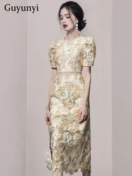Sheath Vintage Dress Summer Lace Floral Embroidery O-Neck Puff Sleeves High Waist Line Hollowed Out Elegant Party Dress Women