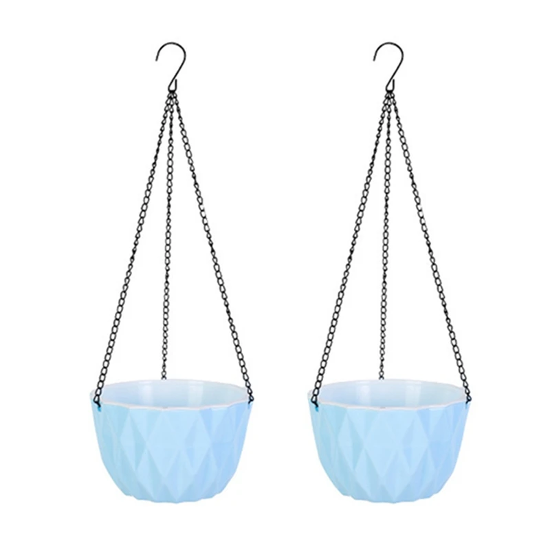 2Pcs Automatic Water Absorption Hanging Flower Pot Waterproof Resin Plant Hanger For Garden Blue