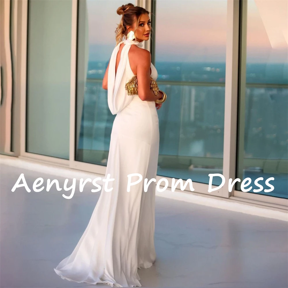 Aenyrst Simple Halter Mermaid Saudi Arabia Prom Dresses Crepe Bodycon Backless Evening Gowns Floor Length Formal Occasion Dress