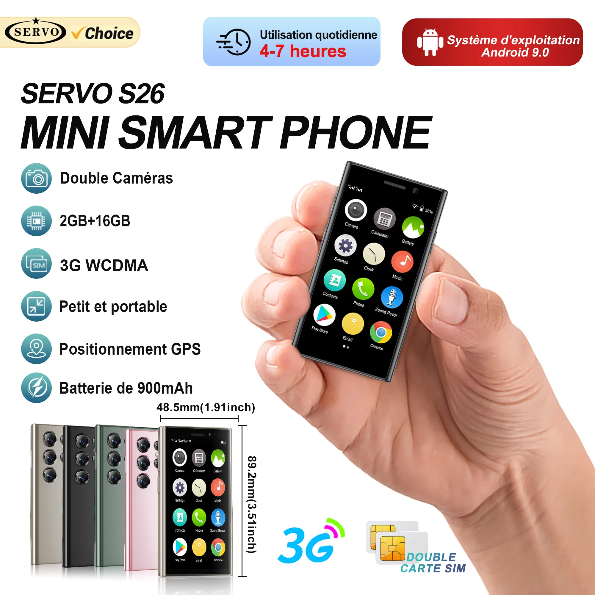 SERVO Mini Smartphone Android 9.0 3G WCDMA 2GB RAM 16GB ROM 3 "écran HD caméra 2MP double SIM petits téléphones portables bon marché jouer au magasin