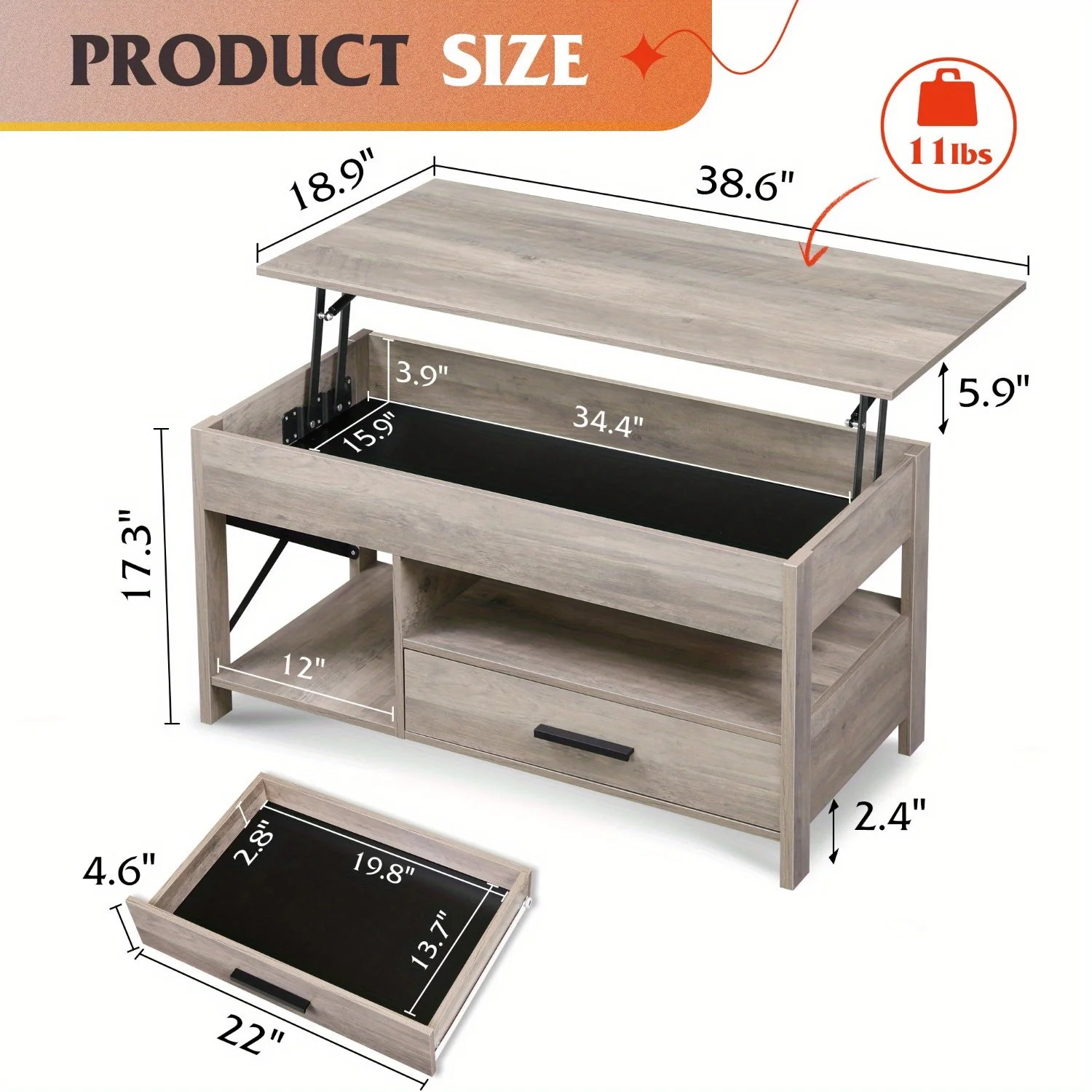 Elevando a mesa de centro com compartimentos ocultos e gavetas, estilo moderno, sala de estar, elevador superior, mesa central de madeira