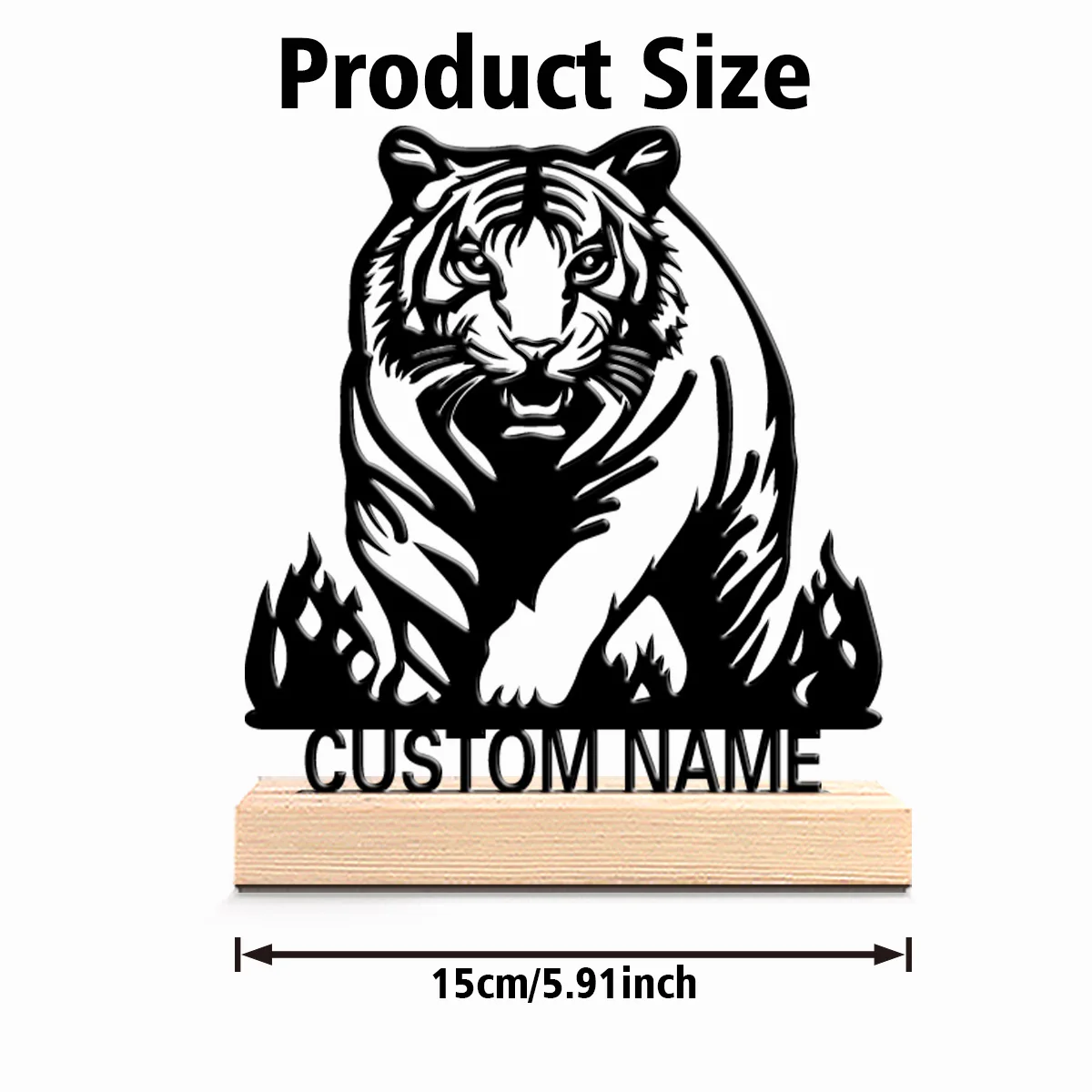 1pc Fashion Personalized Custom Tiger Metal Statues Modern Wooden Base Decor for Office Living Room Nature-Inspired