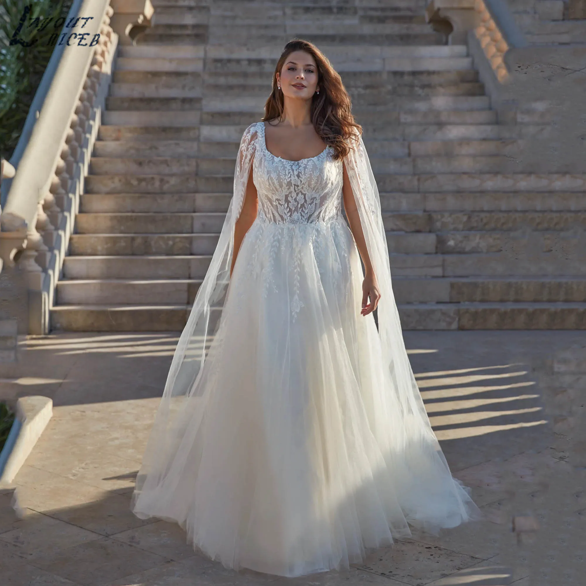 

Plus Size Wedding Dress With Flowing Long Sleeves A-line Appliques Tulle Bride Gown Backless Modern vestidos de novia Customized