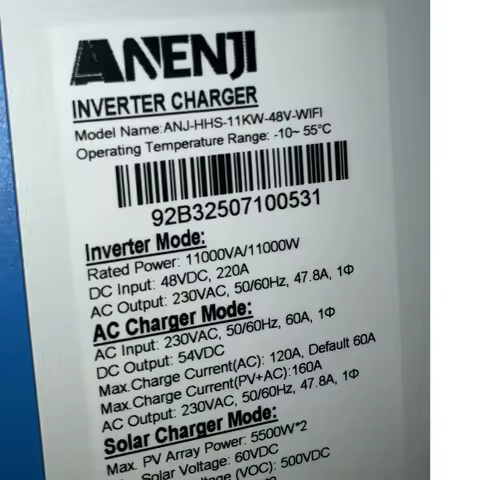 ANENJI 11KW 48V Hybrid Solar Inverter On/Off Grid MPPT 220VAC 500V PV Input LiFePO4 Support for Solar Panel Home Appliance