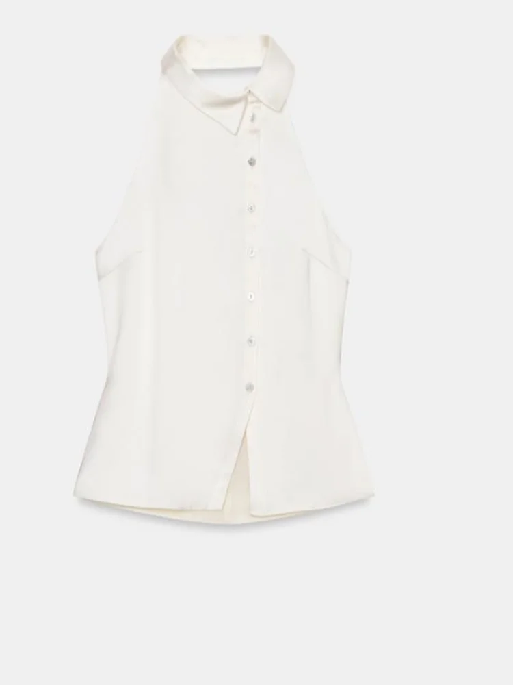 

Women's White Satin Halter Neck Shirt Elegant Collared Button Down Fitted Tank Top 2026 Summer Arty Office Streetwear Blouse