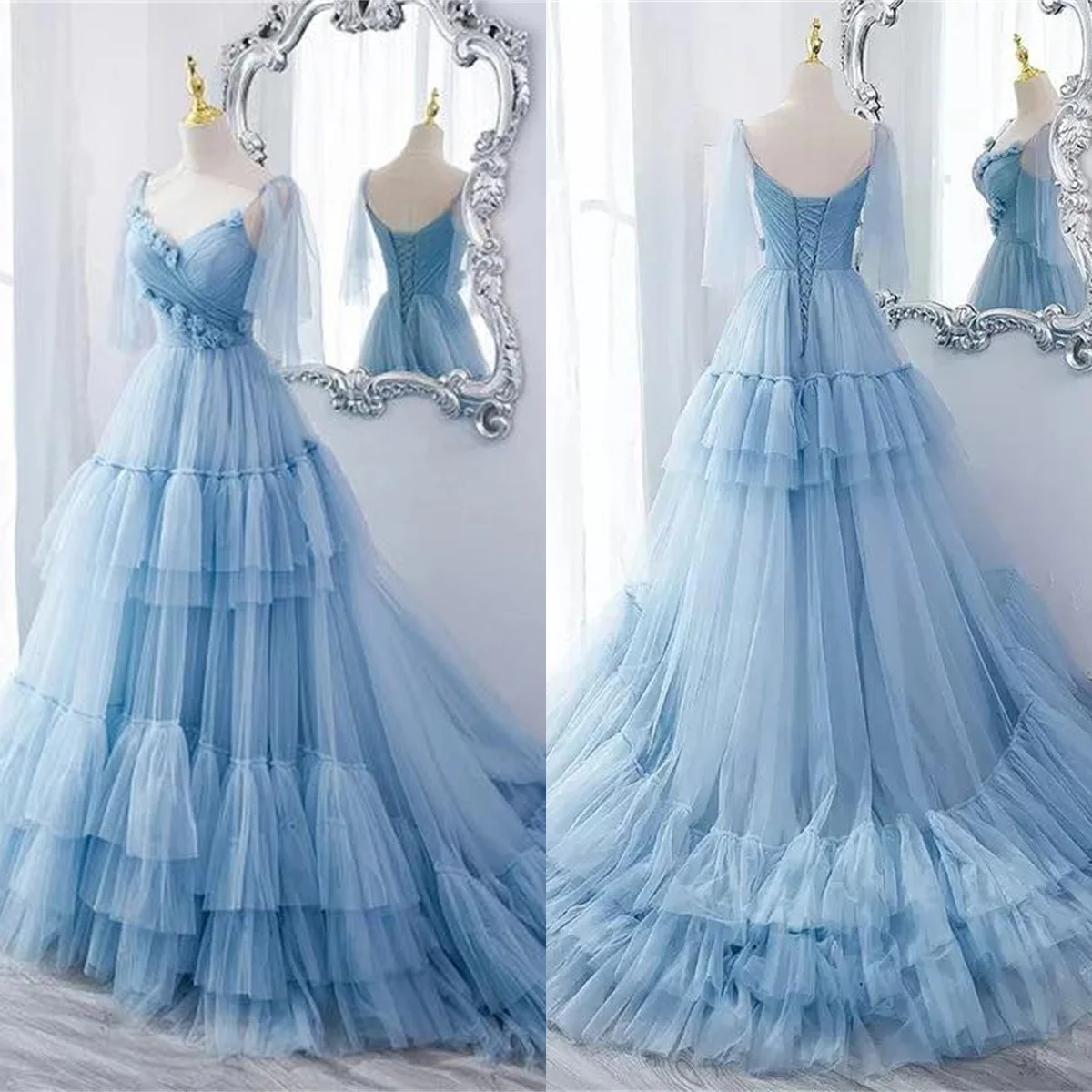 

Customized Elegant Blue Tulle Evening Dress Classic V-Neck Spaghetti Straps Lace Up Back Flowers Tiered Special Occasion Gowns
