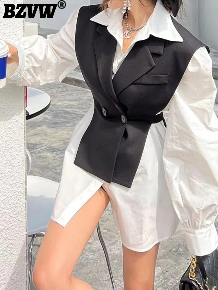 BZVW Fashion Women\'s Trendy Coat Top Two Piece 2024 Spring Autumn New Contrast Color Designer Versatile Shirt Jacket Female