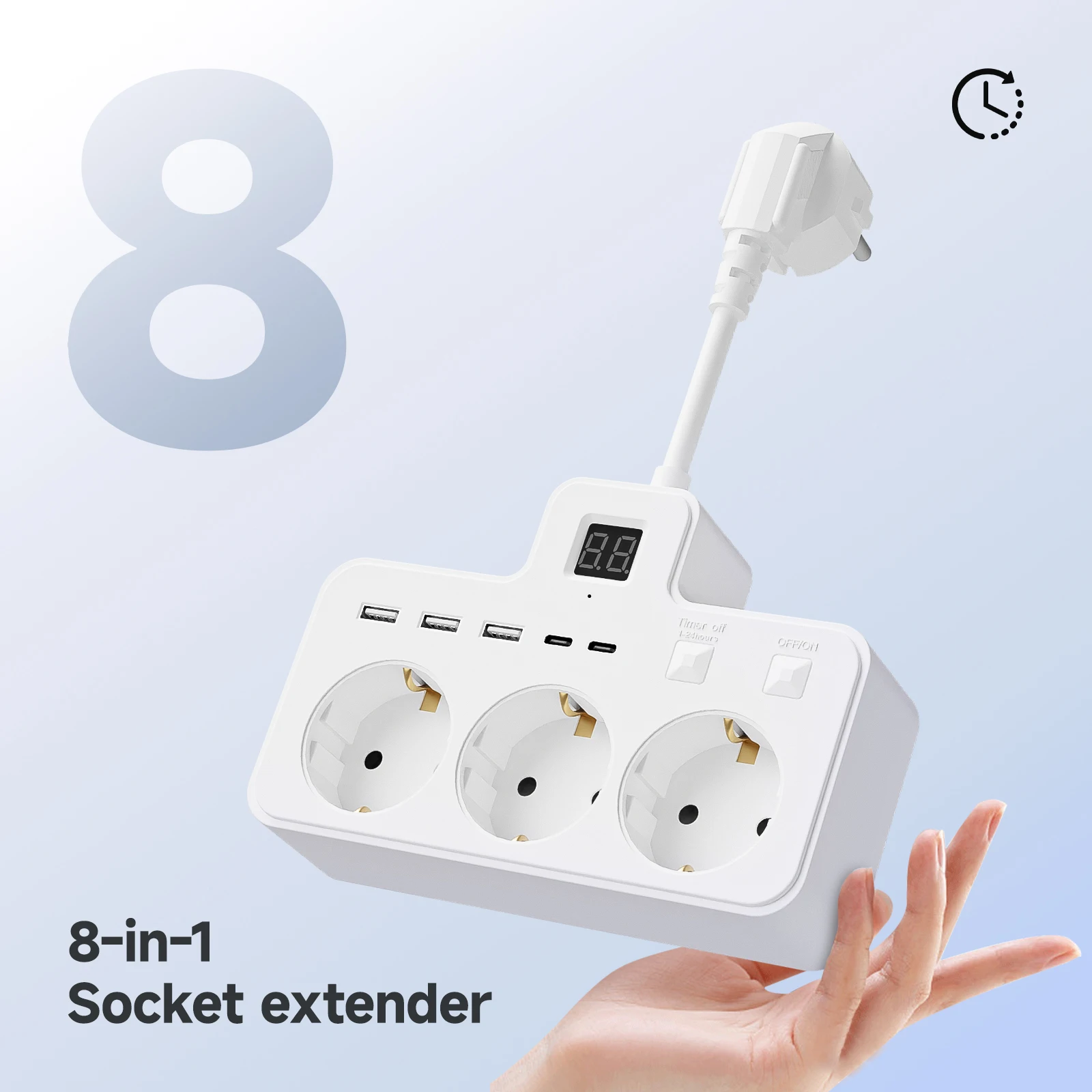 8-in-1 EU V-shaped power strip, short extension power board,