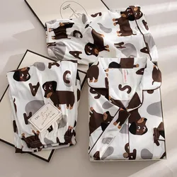 Spring Summer 2024 Cute Women's Pajamas Set Dachshund Print Cotton 3 Pieces Short Sleeve Tops Full Length Pants Sleepwear