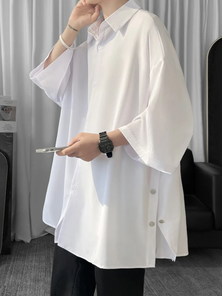 

Premium Ice Silk Men's ort Sve irt Summer Unique Design Button Split Large Size Seven f Sve Loose Fit Breathable