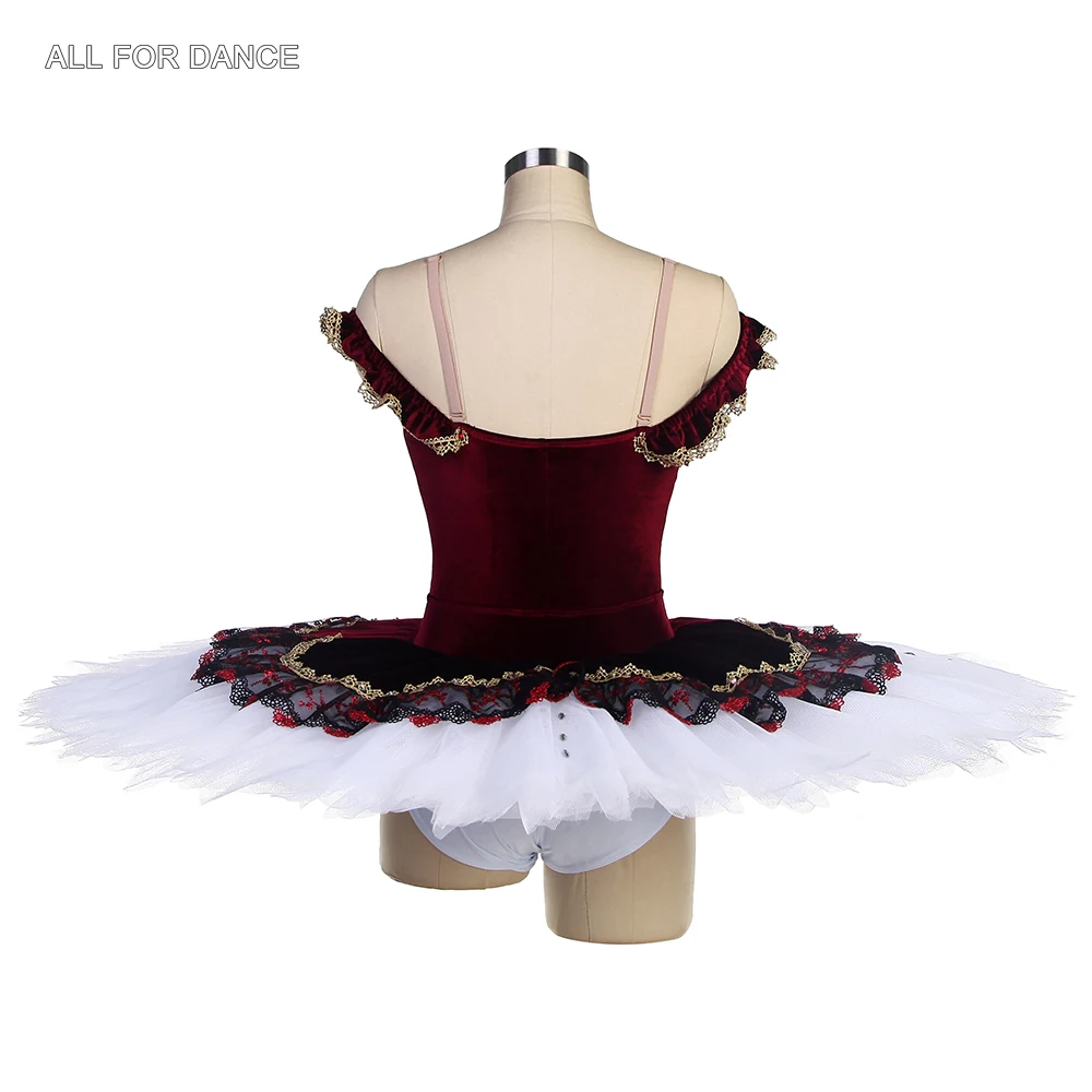 BLL554 Off Shoulder Burgundy Velvet Bodice Pre-professional Ballet Tutu with Gold Trim Perforamcne Ballet Tutu White Tulle Tutu