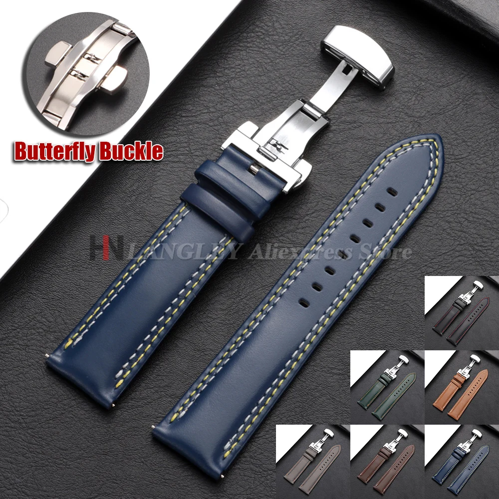 Bracelet de montre en cuir de veau véritable pour Omega, bracelet de montre d'affaires pour Seiko, 20mm, 22mm, 24mm, boucle papillon, sangle de sport cousue