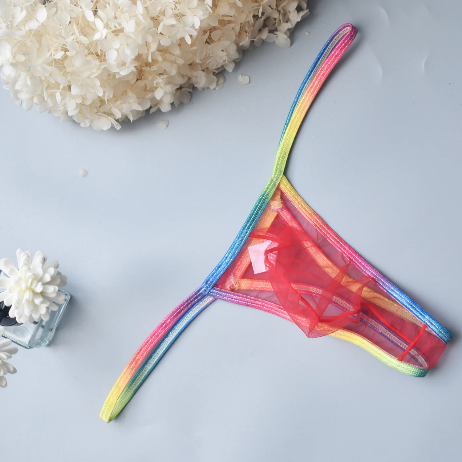 Tanga erótica masculina com costas em t, malha com borda de arco-íris, transparente, ultrafina, secagem rápida, sensação legal, gays, sexy, cintura baixa, bolsa convexa em u, fio dental