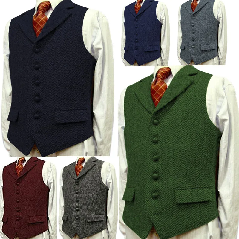 

Mens Suit Vest Lapel V Neck Wool Herringbone Waistcoat Casual Formal Business Groomman For Wedding