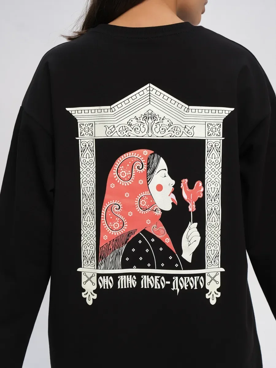 Autumn Women's Cotton  Retro Frame Folk Woman With Rooster Lollipop Print Long SleeveT Shirt Loose Casual Basic Chic Daily Top
