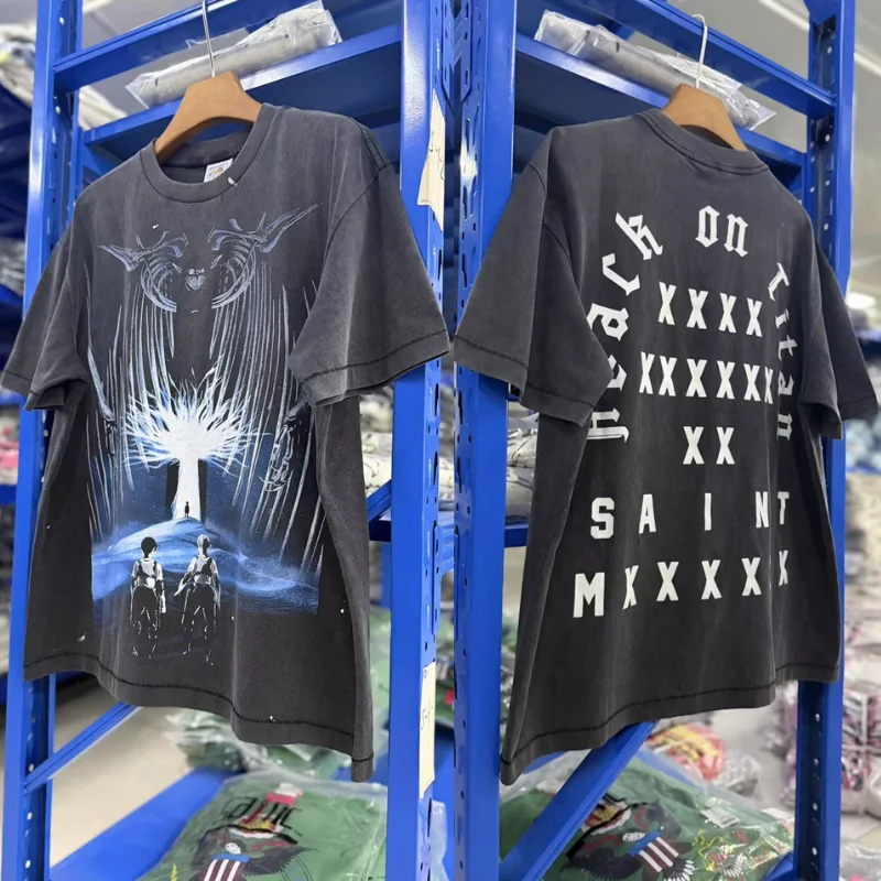 2026ss Vintage Splashed Ink Tshirts High Quality Loose Cotton Men Women Poster Print Tee with Tags Streetwear