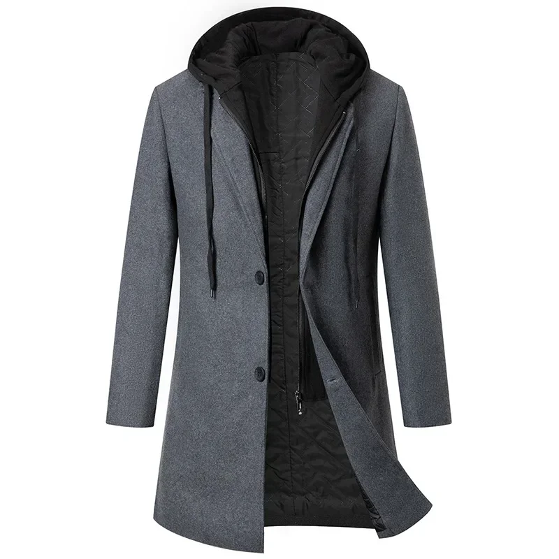 

Hooded Woolen Coat Men's Fashion Wool Tweed Coat Autumn Winter Single Breasted Hat Detachable Overcoat Male Trench