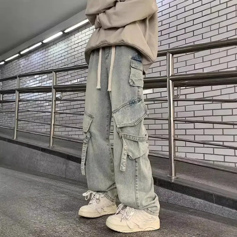 

American High Street Multi Pocket Workwear Jeans for Men and Women Spring and Autumn Loose Straight Leg Wide Leg Casual Pants