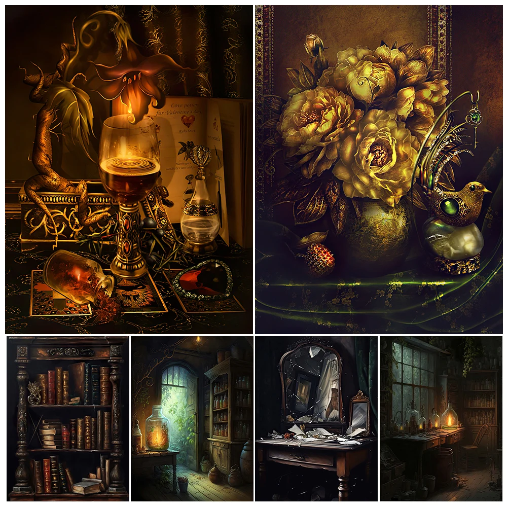 Magic Bookshelf And Wichcraft Laboratory Vintage Wall Art Canvas Painting Gothic Victorian Witchy Art Poster Print  Home Decor