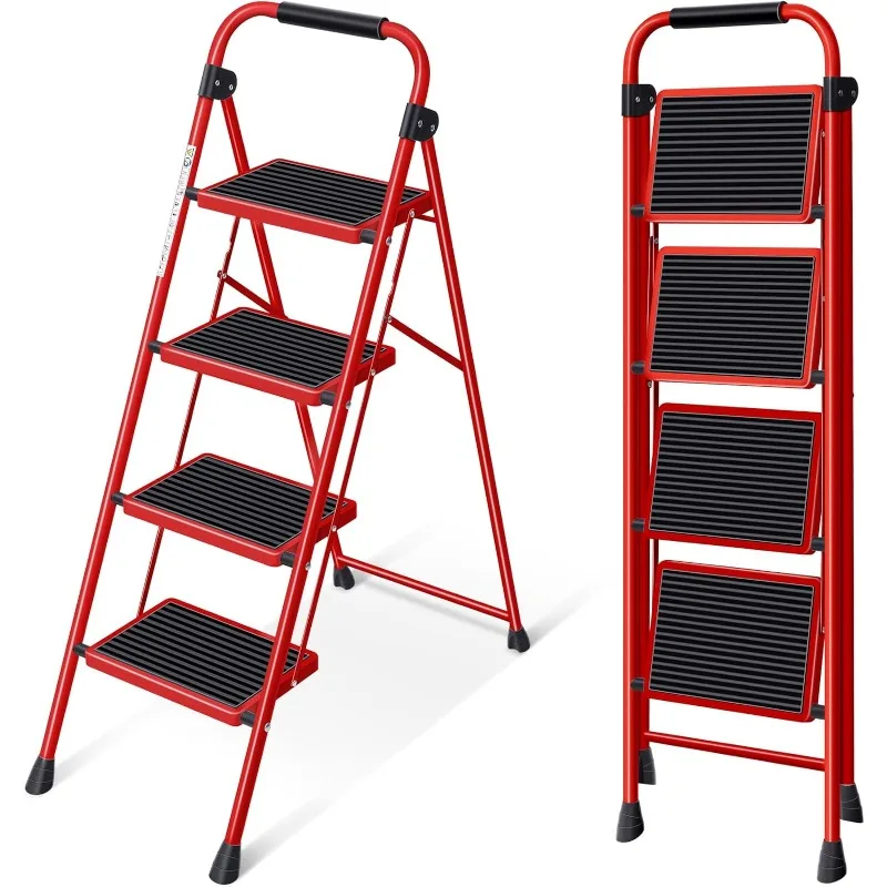 

4 Steps Folding Ladder,Heavy-Duty Safety Steel Tall Step Stool Ladders with Handrails & Wide Pedals for Home Kitchen Office,Red