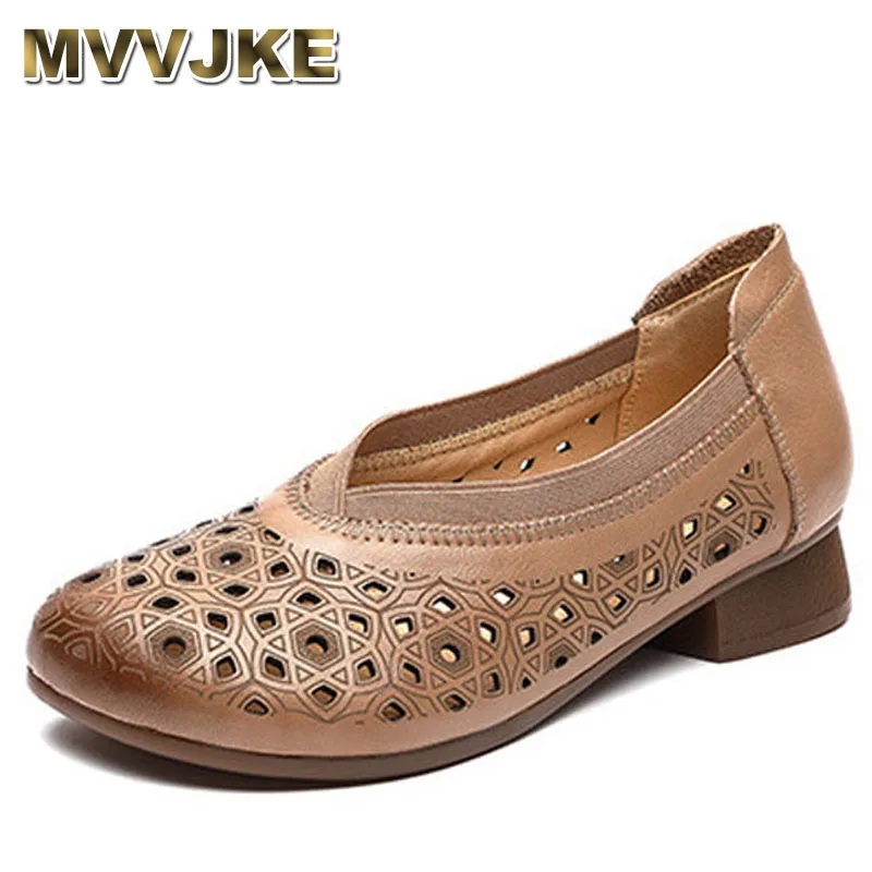 

Женские туфли из натуральной кожи на низком каблуке, новые летние туфли без шнуровки с круглым носком в этническом стиле, туфли-пещеры на блочном каблуке, повседневные сандалии