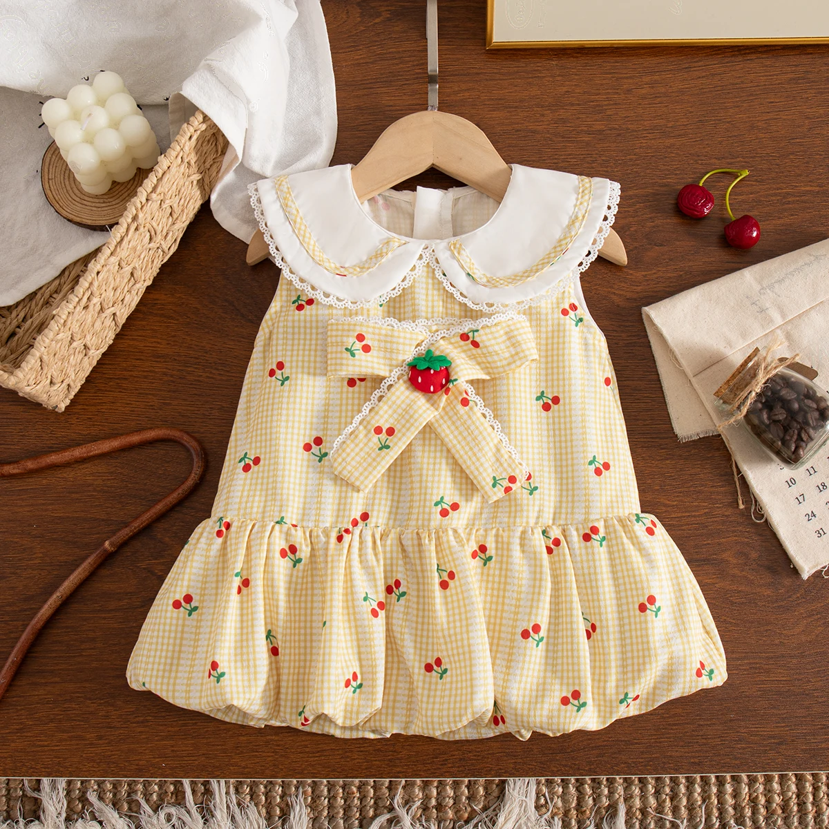 Summer New Plaid Cherry Baby Girl Dress Cute Bow Children'S Clothing (6 Months -3 Years Old) 4