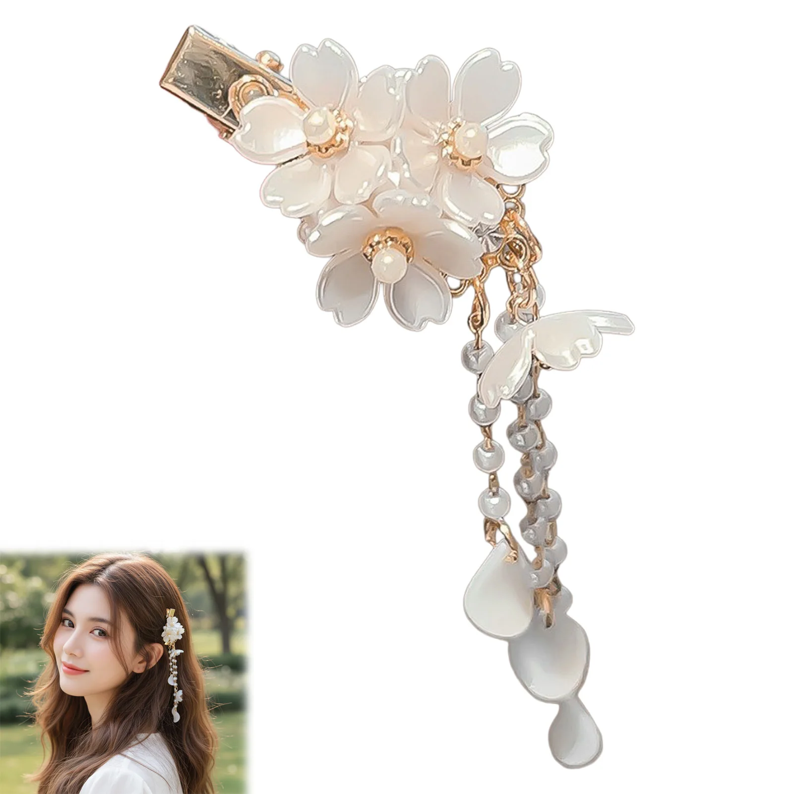1/2 Stück Exquisite Haarspangen im Retro-Chinesischen Stil mit Blumen-Quasten, Trendige Perlen-Quasten-Haarspangen, Schmuck-Haaraccessoires – Detail 4