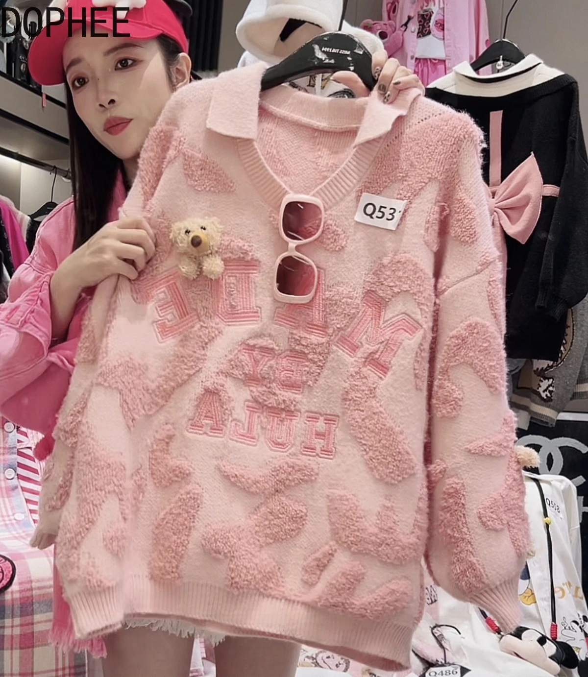

New Autumn Winter Pink Female Sweaters All-match Loose Turn-down Collar Pullover Top Towel Embroidery Sweet Long Sleeve Jumpers
