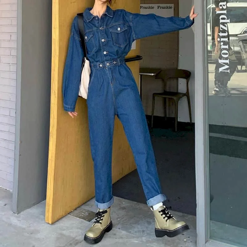 

Denim Jumpsuits for Women Solid Long Sleeved Loose Workwear Playsuits Vintage Casual One Piece Outfits Women Overalls XT1611