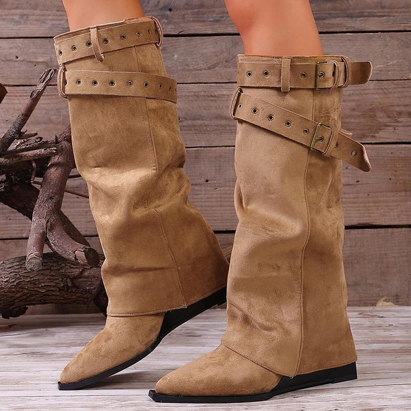 Faux Suede Knee High Western Boots Women 2026 Autumn Buckle Strap Pointed Toe Cowboy Boots Woman High Heel Khaki Long Booties