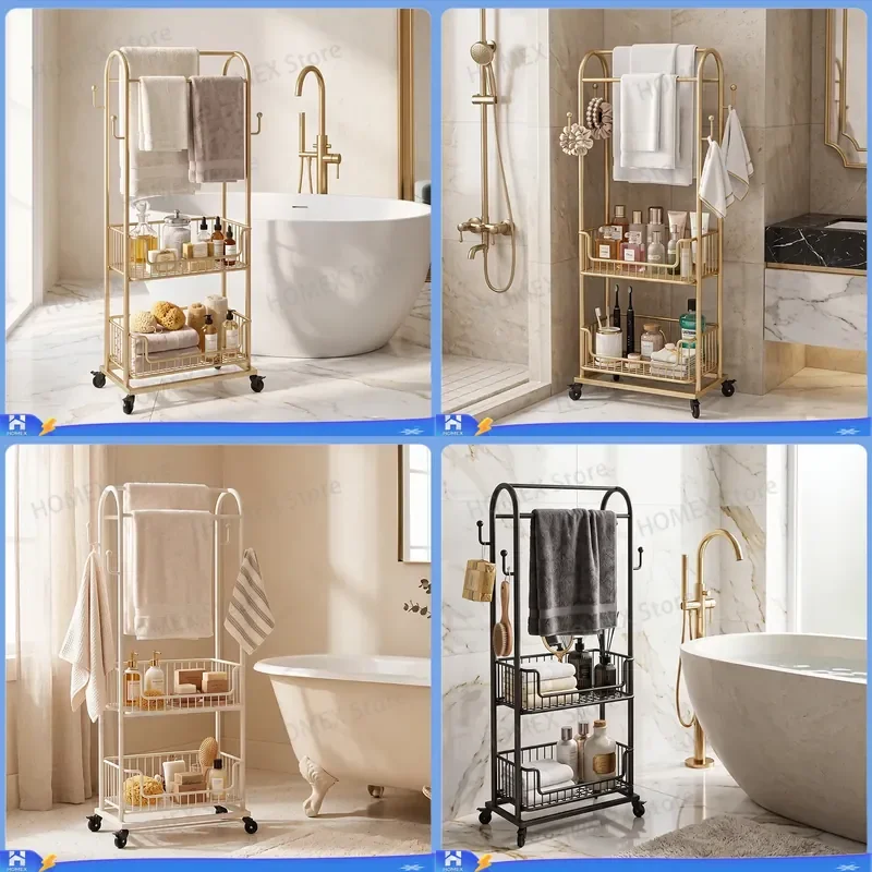 Multi Layer Bathroom Storage Rack Floor Standing Towel Holder Mobile Toilet Trolley Shelf Organizer Bath Room Accessories
