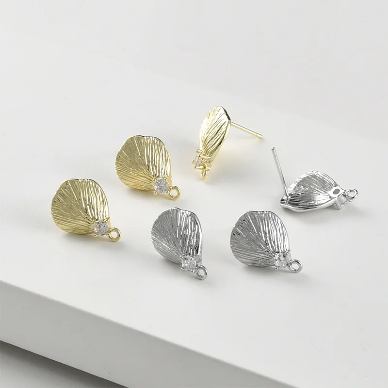 14k Gold Electroplated Color-retaining Scallop-shaped Leaves with Diamond Studs DIY Handmade Pearl Earrings With