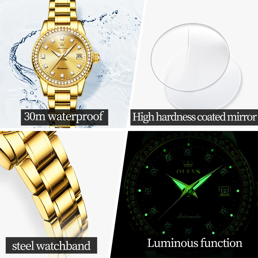 OLEVS Original New Automatic Mechanical Watch for Women Luxury Diamond Dial Fashion Elegant Ladies Dress Bracelet Wristwatches